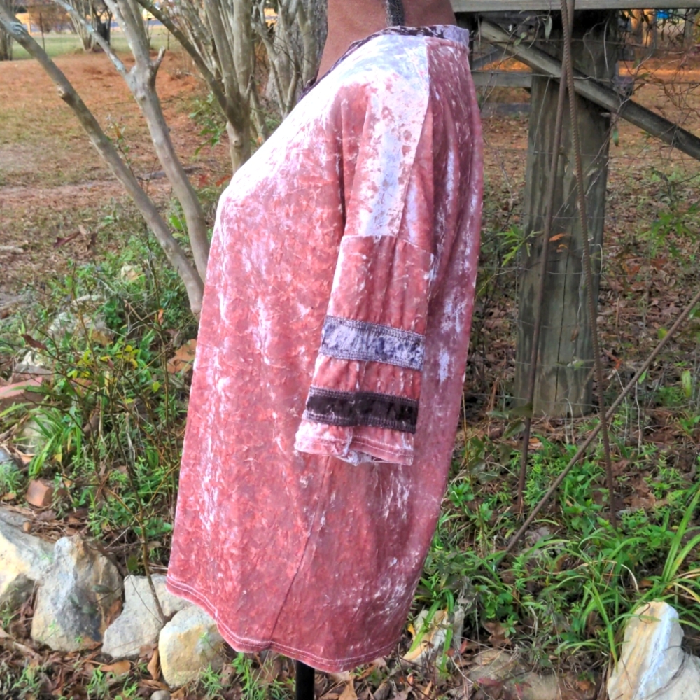 POL Pink Rose & Brown Crushed Velvet Crew Neck Short Sleeve Jersey-Style Top - Picture 9 of 13